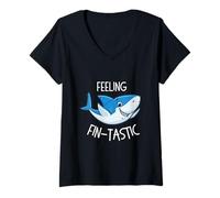Women's Feeling Fin-Tastic Shark Funny Fintastic V-Neck T-Shirt