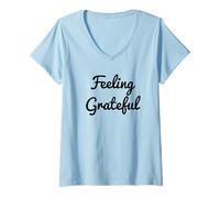 Women's Feeling Grateful Black Cursive Design to Practice Gratitude V-Neck T-Shirt