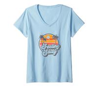 Women's Feeling Salty Funny Retro Beach Sunset Pun 70s Vintage Graph V-Neck T-Shirt