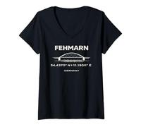 Women's Fehmarn Germany Bridge Coordinates Baltic Sea Design V-Neck T-Shirt