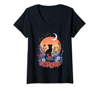 Womens Feline Bloom Tail Moonlight Garden Kitten Paw V-Neck T-Shirt