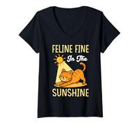 Womens Feline Fine in the Sunshine Beach Relaxation Cat Lover Quote V-Neck T-Shirt