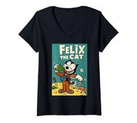 Women's Felix The Cat Moon Dreamer - Retro 1920s Celestial Animation V-Neck T-Shirt