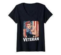 Womens Female Veteran Women American Flag Veterans Day V-Neck T-Shirt
