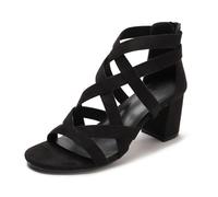 Women's Feminine Rhinestone Gladiator Sandals Chunky Heel Suede PU Cushioned for Summer Stroll & Daily Wear,Black,6.5 UK