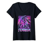 Women's Feminism Dragon Fantasy Retro Wave Feminist V-Neck T-Shirt
