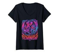 Women's Feminism Dragon Fantasy Retro Wave Feminist V-Neck T-Shirt
