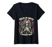 Womens Feminist Fueled by Coffee Skeleton Pro Choice Rage Feminism V-Neck T-Shirt