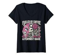 Womens Feminist Fueled by Coffee Skeleton Pro Choice Rage Feminism V-Neck T-Shirt