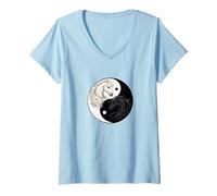 Women's Feng Shui Yin Yang White Black Horses Taiji Symbol V-Neck T-Shirt