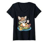 Womens Fennec Fox Boba Pearl Milk Tea V-Neck T-Shirt