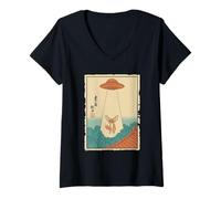 Women's Fennec Fox Taken by UFO Vintage Japanese Ukiyo e Art V-Neck T-Shirt