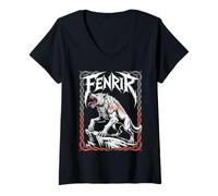 Womens Fenrir Norse Mythology Viking Wolf Nordic Warrior Legend V-Neck T-Shirt