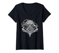 Women's Fenrir Wolf Odins Runes Fenrir Wolf Viking Warrior Walhalla V-Neck T-Shirt