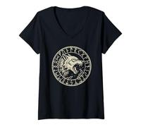 Women's Fenrir Wolf Odins Runes Fenrir Wolf Viking Warrior Walhalla V-Neck T-Shirt