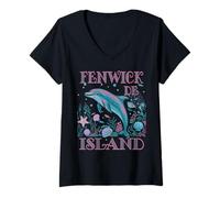 Womens FENWICK ISLAND DE DOLPHIN COLORFUL BEACH SOUVENIR V-Neck T-Shirt