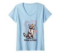 Womens Feral and Free Patriotic Raccoon Sunglasses Peace July Flag V-Neck T-Shirt
