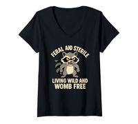 Womens Feral and Sterile Living Wild and Womb Free Funny Raccoon V-Neck T-Shirt