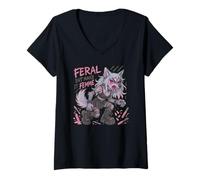 Womens Feral But Make It Femme Goth Wolf Pastel Punk Style V-Neck T-Shirt