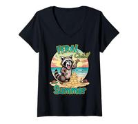 Womens Feral Child Summer Cartoon Raccoon Beach Meme V-Neck T-Shirt