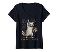 Womens Feral & Free Funny 4th July Patriotic Racoon Feral And Free V-Neck T-Shirt