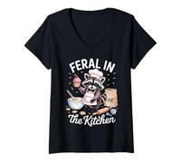 Women's Feral in The Kitchen Funny Raccoon Baker Baking Cupcake Mom V-Neck T-Shirt