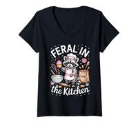 Women's Feral in The Kitchen Funny Raccoon Baking Baker Chef Cooking V-Neck T-Shirt