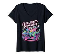 Womens Feral Minds Raccoon Squad on T-Rex Robotic Back to School V-Neck T-Shirt