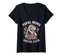 Womens Feral Moms Social Club Fierce Woman Demon Art V-Neck T-Shirt