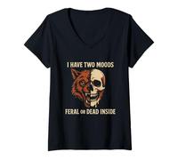 Womens Feral or Dead Inside Wolf Skull Split Face Wild V-Neck T-Shirt