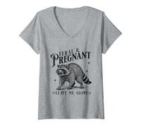 Womens Feral & Pregnant Leave Me Alone Mom to Be Pregnancy Raccoon V-Neck T-Shirt