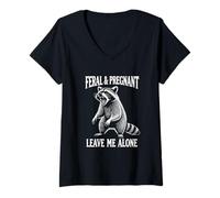 Womens Feral & Pregnant Leave Me Alone Raccoon Meme Mom to Be Mama V-Neck T-Shirt