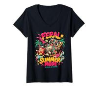 Women's Feral Summer Mode Raccoon Funny Vacation Chaos V-Neck T-Shirt