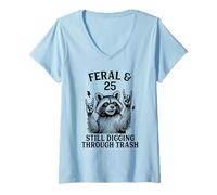 Womens Feral & Twenty Five Funny Raccoon 25 Year Old 25th Birthday V-Neck T-Shirt