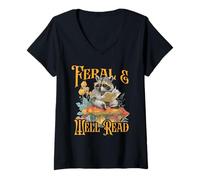 Womens Feral & Well Read - Cottage Core Raccoon Reading V-Neck T-Shirt