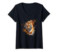 Womens Ferocious Watercolor Tiger Charge Dynamic Wilderness Art V-Neck T-Shirt