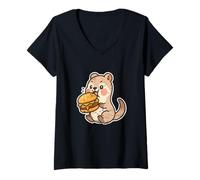 Womens Ferret Burger Bite Cartoon V-Neck T-Shirt