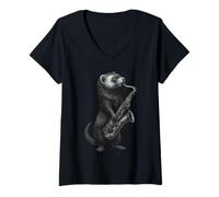 Womens Ferret Playing Saxophone Jazz Music Pet Lover V-Neck T-Shirt