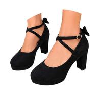 Womens Festival Chunky Heel Pumps Ankle Strap Buckle Round Toe Platform Suede Comfortable Dress Shoes Casual Outdoor Walking Wedding Party Evening Footwear, Black, 37