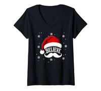 Women's Festive Believe Santa Hat Christmas V-Neck T-Shirt