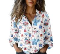 Women's Festive Christmas Button Down Top - Long Sleeve with Holiday Prints for Xmas Parties & Casual Family Days (UK, Alpha, XXL, Regular, Regular, 17white)