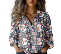 Women's Festive Christmas Button Down Top - Long Sleeve with Holiday Prints for Xmas Parties & Casual Family Days (UK, Alpha, XXL, Regular, Regular, 09snowman)