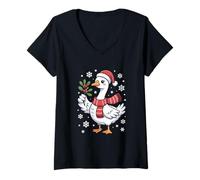 Womens Festive Christmas Goose with Mistletoe and Snowflakes V-Neck T-Shirt