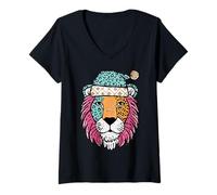 Womens Festive Leopard Lion Head with Santa Hat V-Neck T-Shirt
