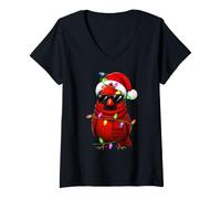 Women's Festive Lights Xmas Santa Hat Cardinal Bird Christmas V-Neck T-Shirt