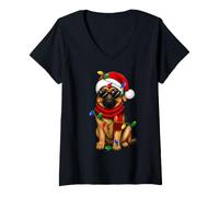 Women's Festive Lights Xmas Santa Hat German Shepherd Dog Christmas V-Neck T-Shirt
