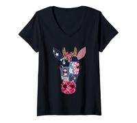 Womens Festive Patchwork Cow Head Christmas Art V-Neck T-Shirt