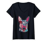 Womens Festive Patchwork Dog Christmas Cheer V-Neck T-Shirt