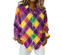 Women's Festive Printed Button Up Shirt, Long Sleeve Collared Blouse with Bold Geometric Sequin Patterns, Relaxed Fit Top for Carnival Celebrations and Holiday Occasions Green