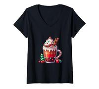 Womens Festive Pumpkin Spice Latte Whipped Cream and Candy Cane V-Neck T-Shirt